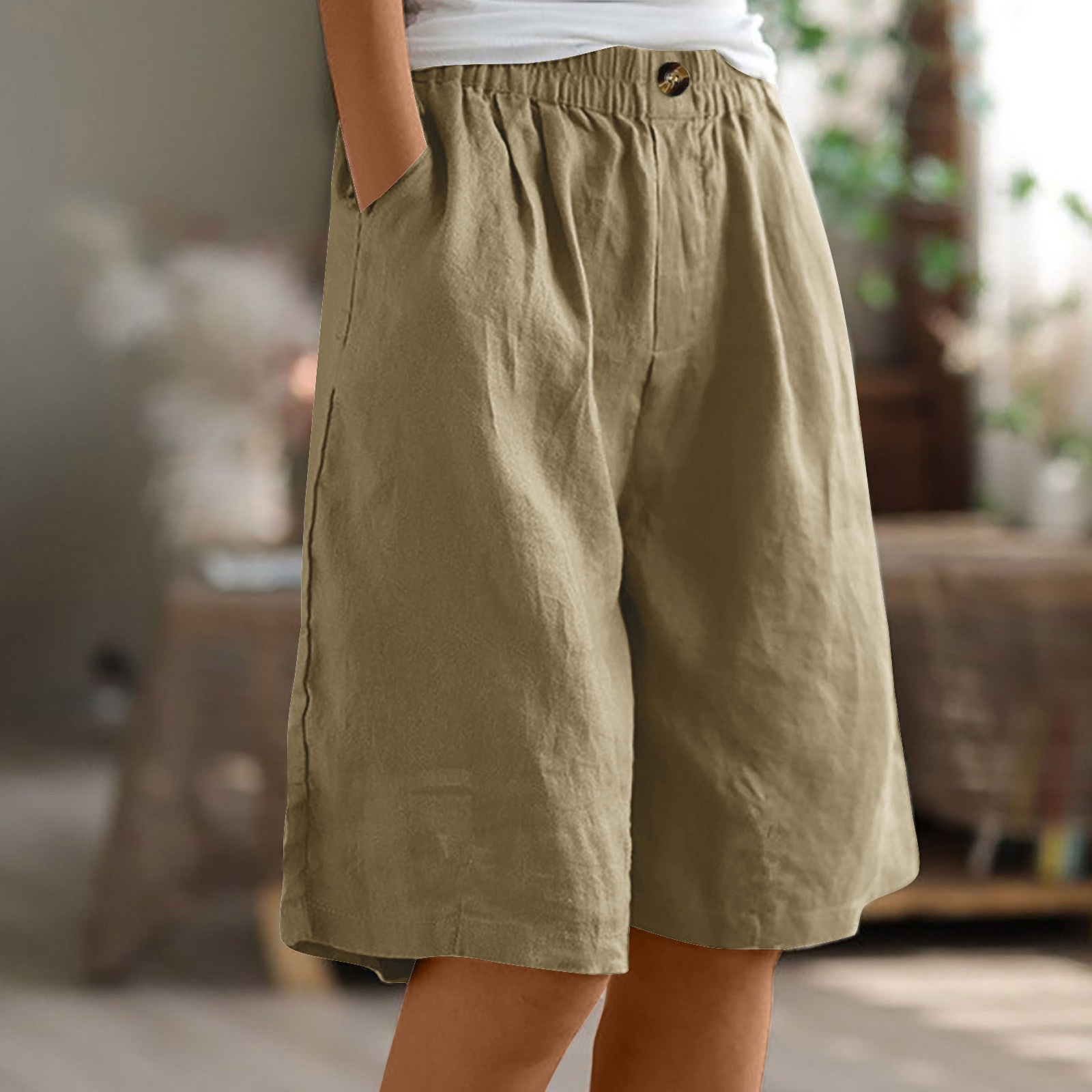 Womens Bermuda Shorts Knee length- Loose Fit Summer Elastic Waist Cotton Linen Casual Shorts with Pockets Khaki Size 2XL